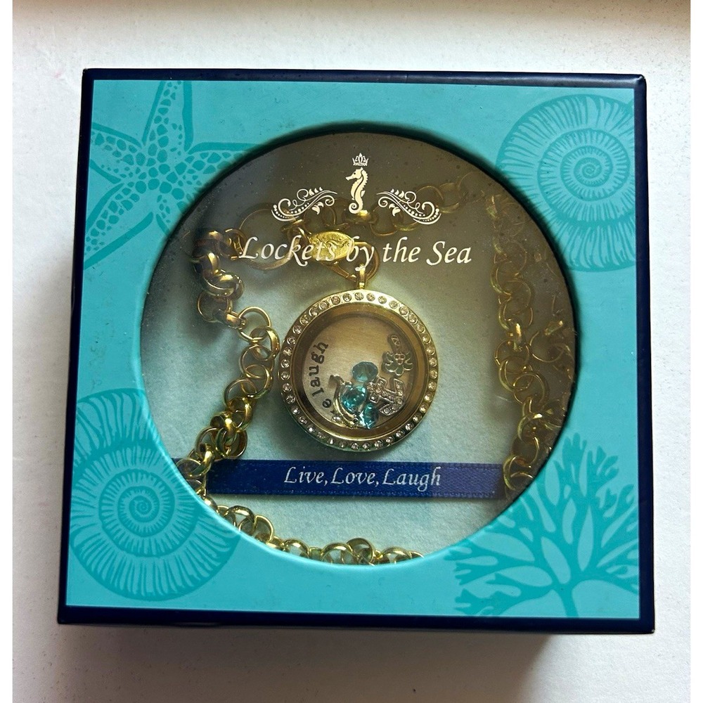 Lockets by the Sea Live Love Laugh Gold Tone Floating Locket Crystal Necklace